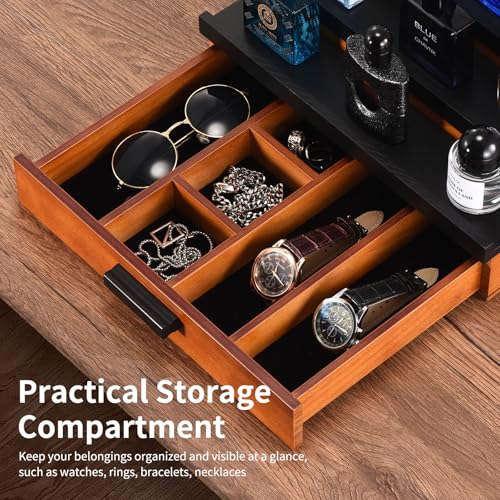 Perfume Organizer for Men, 4 Tier Wood Perfume Display Stand with Velvet Lining Drawer and Hidden Compartment for Watch,Jewelry,Perfume Display Risers,A Gift for Men (Black+Walnut) - style: 4 Tier - BlackWalnut