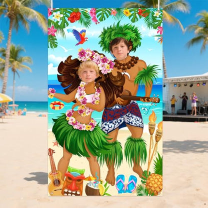 AIBIIN Hawaiian Photo Props Banner Tiki Luau Couple Door Banner Aloha Party Decorations Tropical Beach Photo Booth Background Tiki Luau Aloha Beach Party Decorations 43.3x70.8inch