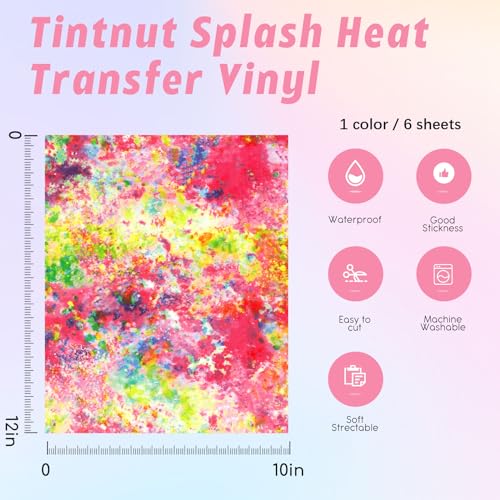 Tintnut Splash Heat Transfer Vinyl - 6 Sheets 10x12 Inch HTV Ink Watercolor Iron On Vinyl for T-Shirts Hats Clothes - color: Pink