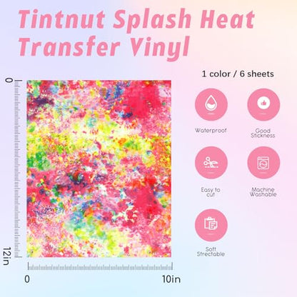 Tintnut Splash Heat Transfer Vinyl - 6 Sheets 10x12 Inch HTV Ink Watercolor Iron On Vinyl for T-Shirts Hats Clothes - color: Pink