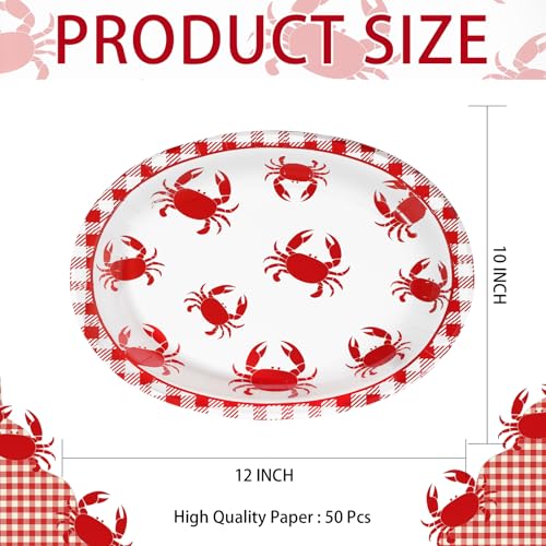 Grencian 50Pcs Crab Boil Oval Paper Plates 10"×12" Large Red Gingham Crab Party Plates Disposable Heavy Duty Summer Seafood Boil Party Supplies for BBQ Picnic Cookout Gathering Carnival Birthday Decor - style: Crab Oval Plates