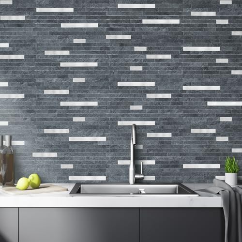 AULIGET 2 Sheets Black Slate Peel and Stick Backsplash, PVC Mixed Metal Silver Wall Tile Stick on Backsplash for Kitchen and Bathroom - color: Black Slate + Metal Silver, size: 2 Sheets, 6"x12"x0.12"