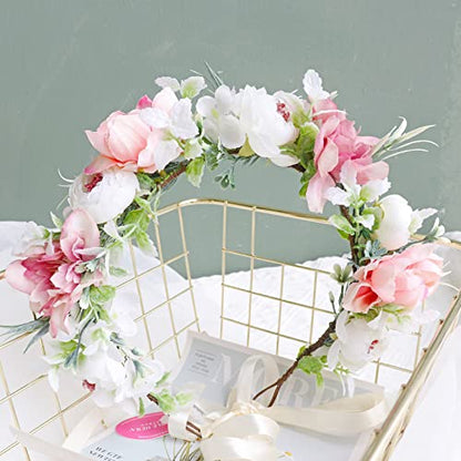 Women Flower Crown Bridal Floral Headband Flower Halo Floral Crown Wedding Party Cosplay Halloween Photos - color: beige and pink