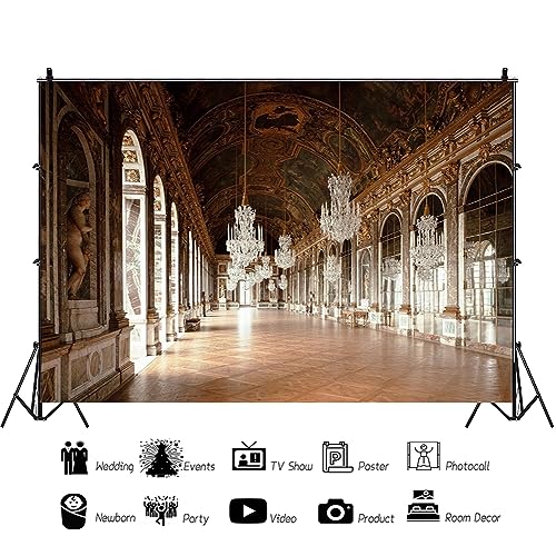 AOFOTO 7x5ft Vintage Corridor Background Luxury Chandelier Photography Backdrop Retro Ceiling Mural Wedding Adult Lovers Portrait Retro Photoshoot Studio Props Wallpaper - size: 7x5ft