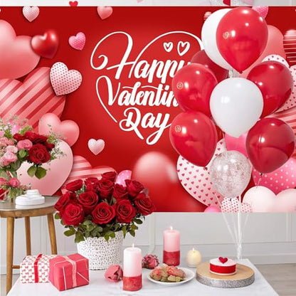 Valentine's Day Photography Backdrop 72 x 44 Inch - Pink Red Heart Filled Happy Valentine's Day Banner for Romantic Shoots - color: Red