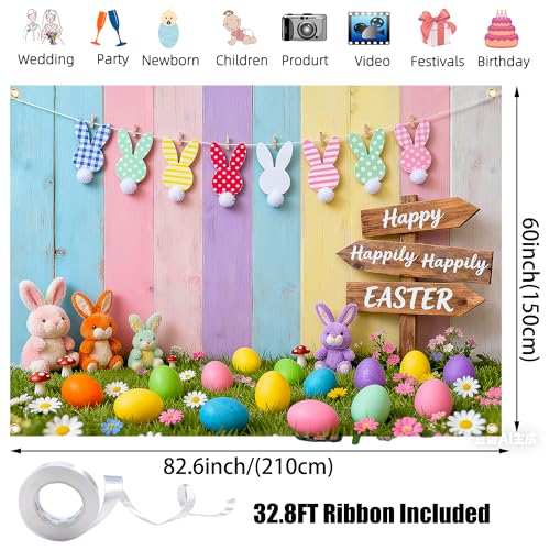 Easter Backdrop 7x5FT Happy Easter Photo Backdrop with 32.8ft Ribbon and 4 Grommets, Colorful Spring Bunny Eggs Easter Backdrops for Photography Baby Shower Birthday Studio Party Decor - color: Easter Backdrop, size: 7x5FT
