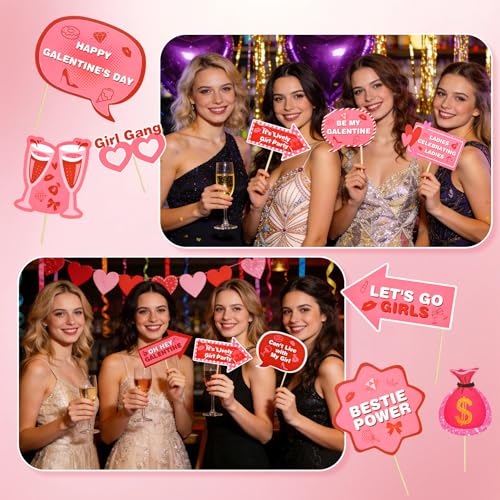 16Pcs Galentine's Day Photo Booth Props Kit,Funny Handheld Pink Party Accessories,Suitable for Valentine's Day Fellowship Party Decorations