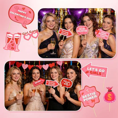 16Pcs Galentine's Day Photo Booth Props Kit,Funny Handheld Pink Party Accessories,Suitable for Valentine's Day Fellowship Party Decorations
