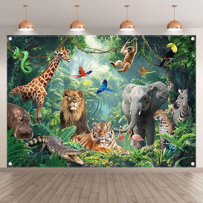 Fabric 7x5ft Jungle Forest Animals Photography Backdrop Tropical Rainforest Safari Background Wild Party Decorations Kids Event Photo Banner Props - size: 7'x5'