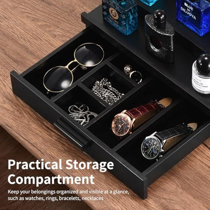 Perfume Organizer for Men, 3 Tier Wood Perfume Display Stand with Velvet Lining Drawer and Hidden Compartment for Watch,Jewelry,Perfume Display Risers,A Gift for Men (Black) - style: 3 Tier - Black