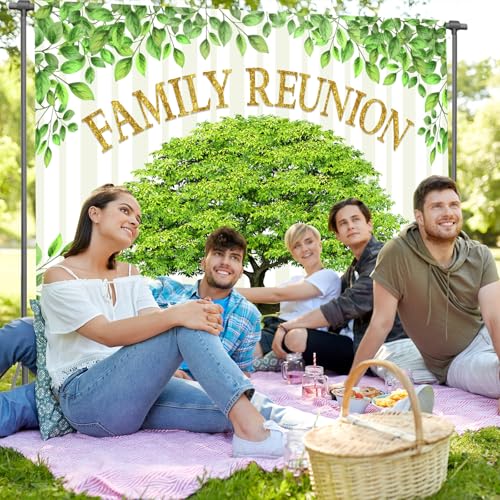 Family Reunion Backdrop, Family Tree Members Theme Photo Backdrop Vinyl 10x7ft Green Tree Family Gather Welcome Party Photography Backdrops Rod-Pocket Props, BJLSGU96 - size: 10x7ft