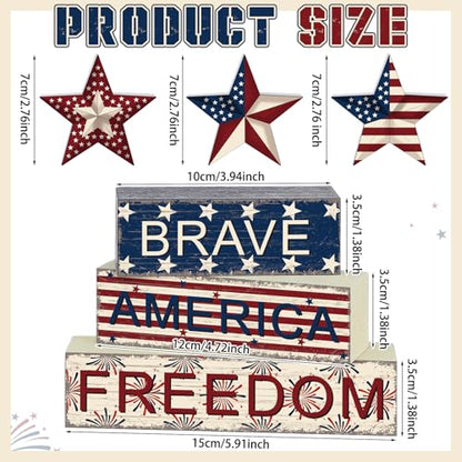 Geelin 6 Pieces Memorial Day Table Decorations Patriotic Wooden Block Signs 4th of July Centerpieces Freedom Brave Red White Blue Tiered Tray Decor for Home 250th Anniversary - style: Star