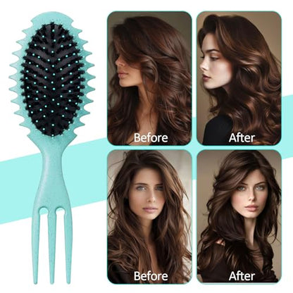 Curly Hair Boar Bristle Curl Defining Brush for Wave Straight Hair, Unique Trident Handle Design Defineing Brush for Wet Dry Hairs Styling Massage Hairbrush Hairs Pick Comb Green - color: curl brush-green-1pc