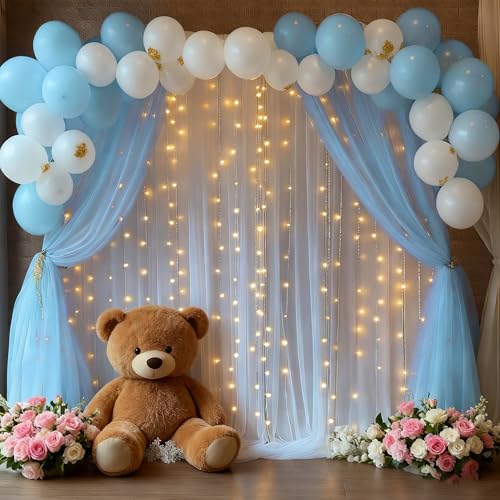 10x8ft Baby Blue Tulle Backdrop Curtain with Lights String for Parites, Sheer Photo Backdrop Curtains for Wedding Baby Shower Baby Boy Shower Birthday Party Photo Shoot Background Decorations - color: Baby Blue, size: 10ft x 8ft(2 Panels 5*8ft)