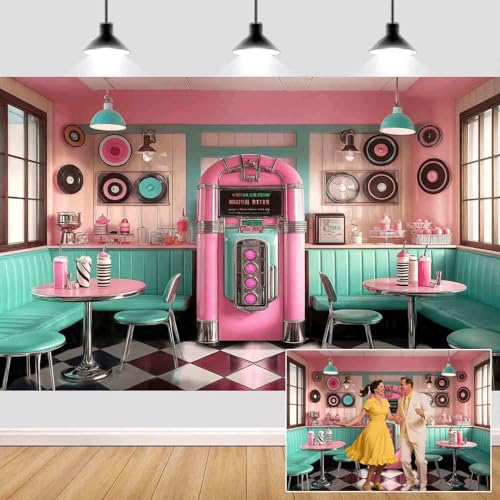 7X5ft Vintage 1950s Diner Backdrop Retro 50s Ice Cream Bar Diner Photography Background 50s Party Banner Decorations Adult Portrait Video Photo Shoot Props - color: Multi, size: 7x5ft