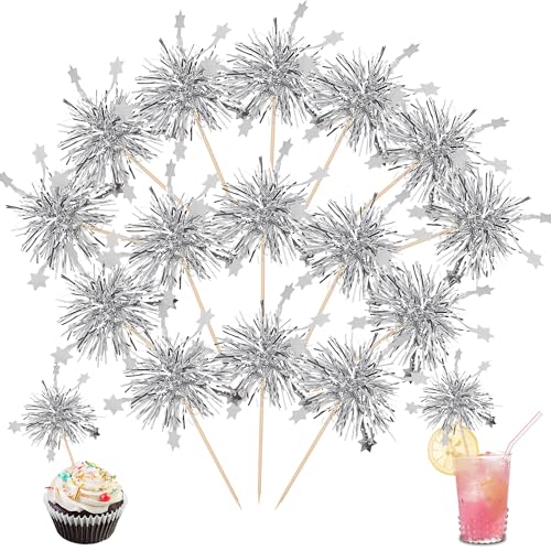 30 PCS Foil Firework Cupcake Toppers Star Cupcake Picks Sparkle Tinsel Flower Drink Stirrers Cocktail Food Fruit Toothpicks for Valentine's Day Birthday Party Cake Decorations Supplies Silver - color: Star Silver