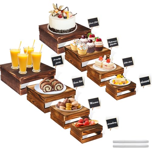 8 Pcs Buffet Risers with Mini Signs, Rustic Wood Cake Stands, Food Risers for Buffet Table, Dessert Display Stand, Wood Crates, Rustic Cake Stand for Party, Wedding, Birthday, Baby Shower, 4 Sizes - color: Rustic Wood, size: 8 Pcs (8.0", 7.0", 6.5", 5.5")