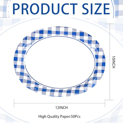 50Pcs Blue and White Gingham Oval Paper Plates 10" x 12" Large Blue Gingham Checkered Plaid Plates Disposable Heavy Duty Oktoberfest Plate for Oktoberfest Holiday Picnic BBQ Birthday Party Decorations - style: Blue Gingham Oval Plates