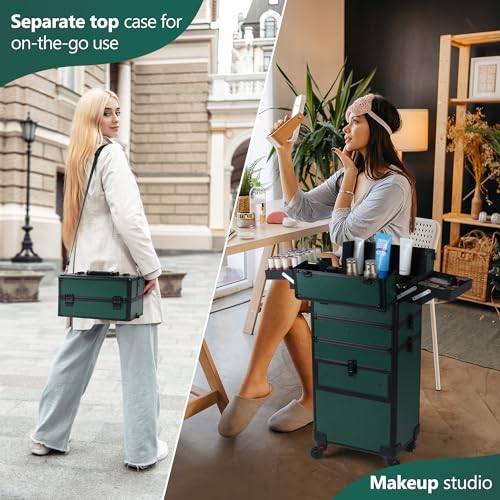 Somduy Rolling Makeup Case with Drawer, Makeup Train Case, 4 in 1Cosmetology Case on Wheels, Christmas Gift, Large Makeup Case Organizers, Profesional Cosmetic Case for Salon Barber, Green - color: Green