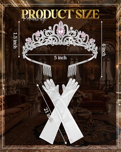 Princess Tiara Crown with Satin Gloves Set Crystal Headpiece for Graduation Prom and Party Photo Props - color: Silver Pink Diamond, style: A