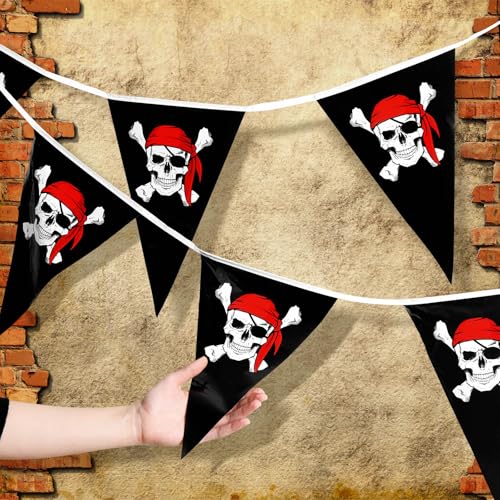 eBoot 90 Pieces Pirate Banner 98ft Skull Pirate Flags Party Decorations Jolly Ship Triangle Pennant Bunting Decor for Birthday Decorations Gasparilla Holiday Celebration Outdoor Party Supplies