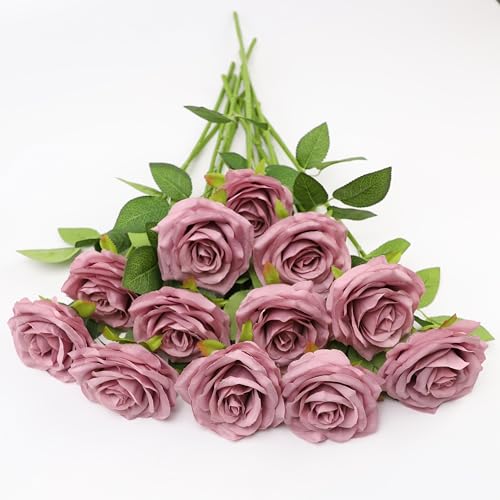 LVEFIT 12pcs Artificial Rose Flower Mauve Rose Flower with Long Stem Silk Roses Bouquet for Wedding Bridal Shower Party Home Decoration - color: Mauve, size: 12pcs