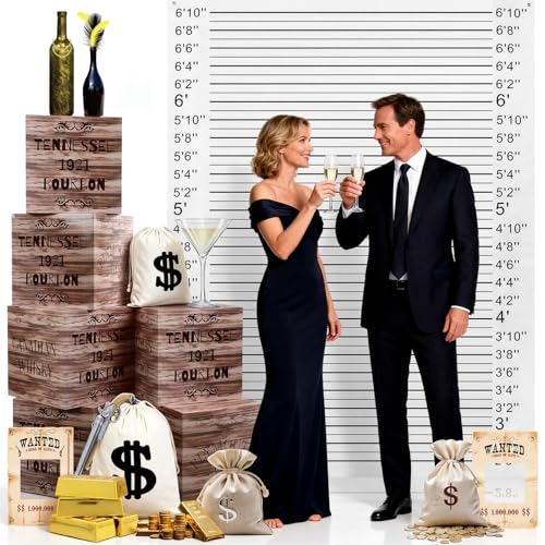 Eaasty 19 Pcs Roaring 20s Party Decorations Photo Booth Props Speakeasy Decor Height Chart Backdrop Wood Grain Boxes Wanted Sign Dollar Sacks for Retro Jazz Twenties 1920 Party Decor
