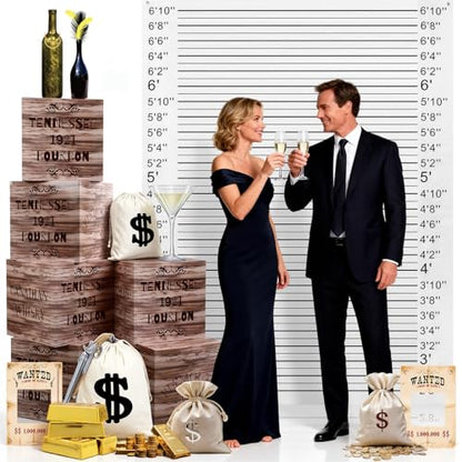 Eaasty 19 Pcs Roaring 20s Party Decorations Photo Booth Props Speakeasy Decor Height Chart Backdrop Wood Grain Boxes Wanted Sign Dollar Sacks for Retro Jazz Twenties 1920 Party Decor