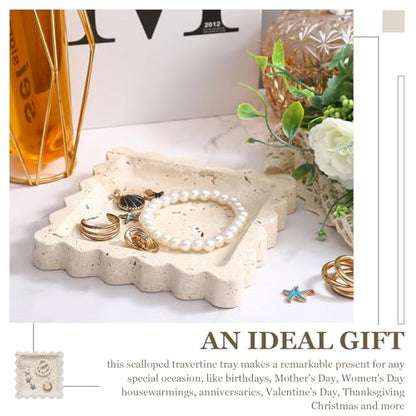 Threehoney 5.5 Inch Small Travertine Scallop Edge Stone Tray Marble Jewelry Dish Trinket Tray for Women, Perfume, Coffee Table(Square) - style: Square