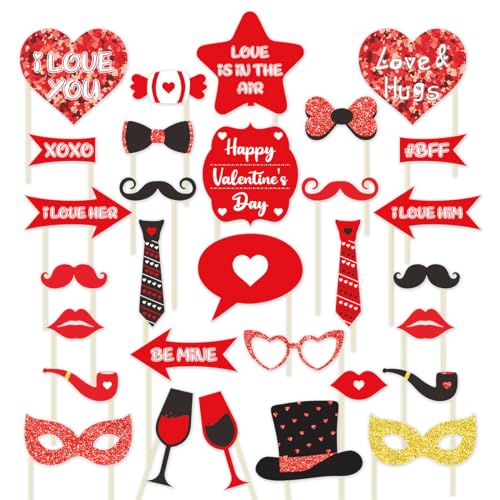 30 PCS Valentines Day Photo Booth Props Funny Valentines Day Decorations Props Bridal Shower Wedding Romantic Party Photo Booth Props for Valentine's Party Love Party Supplies - color: Red
