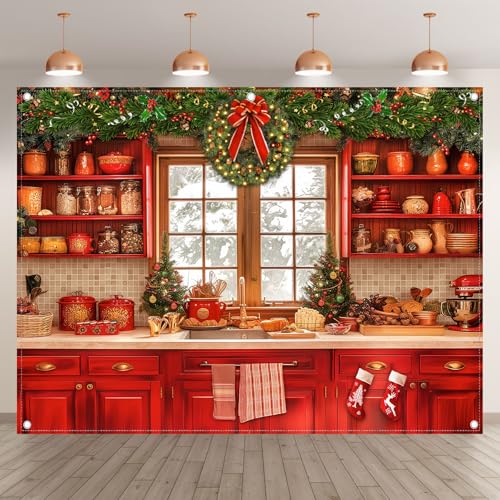 Fabric 8x6ft Christmas Kitchen Photography Backdrop Cabinets Window Winter Snow Scene Background Xmas Family Party Decoration New Year Photo Banner Props - size: 8'x6'