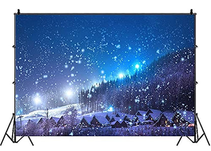 Leowefowa 5x3ft Christmas Backdrop Rustic Village Night View Forest Trees Snowing Shining Lights Blue Sky Winter Xmas Vinyl Photography Background Kids Children Adults Photo Studio Props