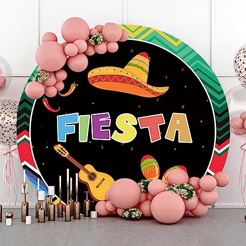 AOFOTO 3x3ft Mexican Fiesta Theme Round Backdrop Cover Guitar Colorful Striped Cinco De Mayo Festival Party Polyester Photography Background Decor Photo Shoot Decor Props Supplies - color: Fiesta B, size: 3x3ft