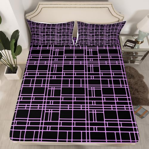 jejeloiu Black Purple Geometric Fitted Sheet Twin Size Kids Stereoscopic Square Bed Sheets Set for Boys Girls Teens Bedding Set Breathable Modern Minimalism Art Bedroom Decor - color: Black Purple, size: Twin