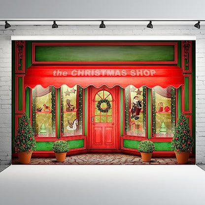 AOFOTO 10x6.5ft Red Christmas Shop Backdrop Front Door of Xmas Display Window Santa's Toy Store Photography Background Holiday New Year Party Banner Kids Baby Child Adult Portrait Photo Studio Props - size: 10x6.5ft