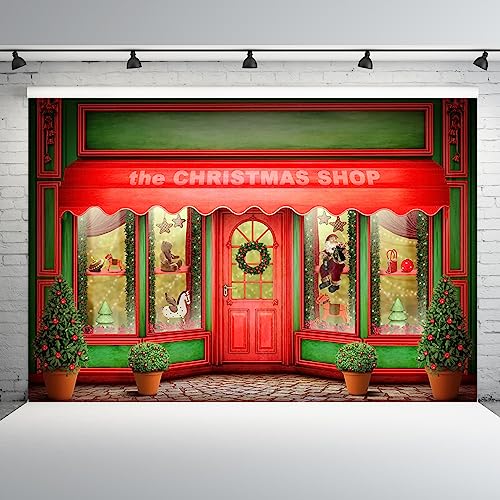 AOFOTO 10x6.5ft Red Christmas Shop Backdrop Front Door of Xmas Display Window Santa's Toy Store Photography Background Holiday New Year Party Banner Kids Baby Child Adult Portrait Photo Studio Props - size: 10x6.5ft