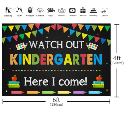 Kindergarten Graduation Backdrop 6x4ft Back to School Banner Watch Out Here I Come First Day of School Preschool Kids Classroom Party Decoration Supplies Banner Photo Booth Studio Prop - size: 6x4