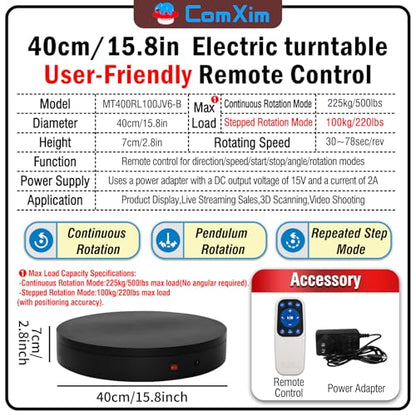 15.8In Remote Large Motorized electric turntable Rotating platform Photography Turntable Motorized lazy susan Base giratoria para for Photography,3D Scanner,Heavy duty display(Load Range:220~500lbs) - size: 15.8inch/Black/500Lbs Load
