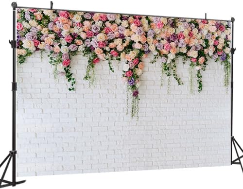7X5FT White Brick with Flowers Backdrop Occasions Mother's Day Wedding Bridal Shower Birthday Party Banner Background Supplies DH-357 - size: 7X5FT