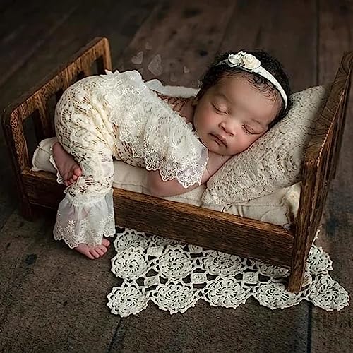 Baby Photography Props Outfit Lace Rompers Newborn Girl Photo Shoot Outfits Flower Headband Princess Costume - color: Beige a