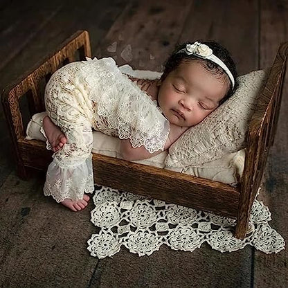 Baby Photography Props Outfit Lace Rompers Newborn Girl Photo Shoot Outfits Flower Headband Princess Costume - color: Beige a