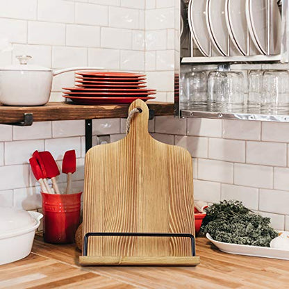 Soligt Cookbook Stand for Kitchen Counter Adjustable iPad Tablet Recipe Book Holder Rustic Wood Cutting Board Style - Brown - color: Brown