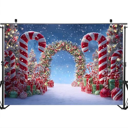 Mocsicka Christmas Candy Cane Photography Backdrop Winter Candyland Christmas Eve Party Decorations Background Christmas Tree Garland Photo Prop Supplies (8x6ft) - size: 8x6ft