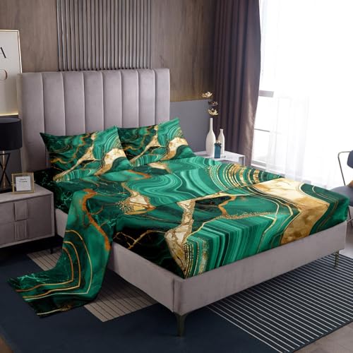 Erosebridal Gold Teal Marble Bed Sheets Set King, Marbling Crack Print Sheet Set for Boys Man, Abstract Metallic Texture Sheets, Luxury Shinny Room Decor Boho Hippie Fluid Flat Fitted Sheet - color: Multi 25, size: King