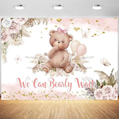 5x3ft Bear Baby Shower Backdrop We Can Bearly Wait Baby Shower Party Decorations Boho Pink Floral Photography Background It’s a Girl Party Banner Supplies Photo Booth Props - size: 5x3ft