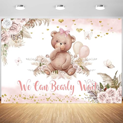 5x4ft Bear Baby Shower Backdrop Boho Pink Floral We Can Bearly Wait Photography Background It’s a Girl Baby Shower Party Banner Decorations Supplies Photo Booth Props - size: 5x4ft