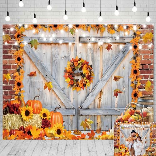 Fall Rustic Barn Door Backdrop 10x8ft Autumn Pumpkin Thanksgiving Photo Background Fabric Photography Background Fall Birthday Baby Shower Decorations Studio Photo Booth Props - color: Fall Barn Door 03