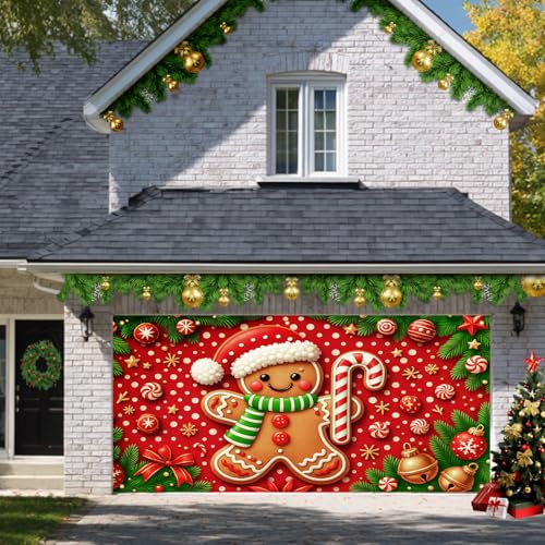 HOMETITUTE Christmas Garage Door Cover 13x6ft Gingerbread Man Banner Candy Cane Bells Stars Holiday Backdrop Red White Dot Background Gift Boxes Green Pine Branches Outdoor Indoor Seasonal - color: Garage Banner#8