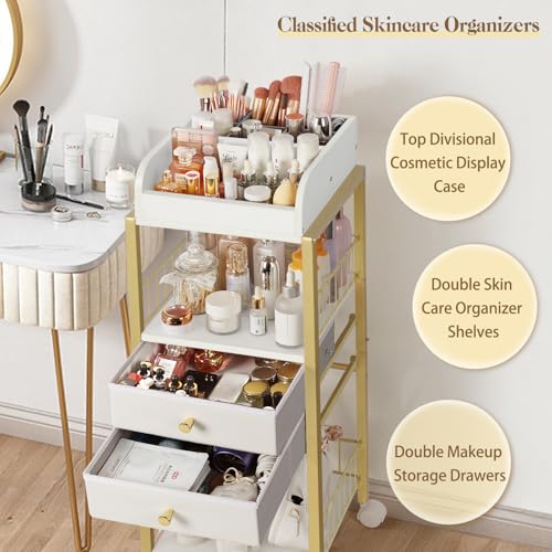 Makeup Organizer, Floor Skincare Organizers Make Up Organizers and Storage with Drawers, Vanity Organizer Cosmetics Display Cases Holder for Skin Care Nail Polish Perfume Gold - color: Gold