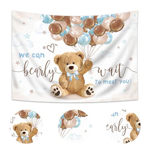 We Can Bearly Wait Backdrop 7Wx5H Feet, Bear Baby Shower Decorations for Boys, Cute Lovely Cartoon Balloons Baby Shower Party, Bear Photography Backgrounds Newborn Photo Shoot Decor Props - color: A-Brown Bear01, size: 7Wx5H(Medium)